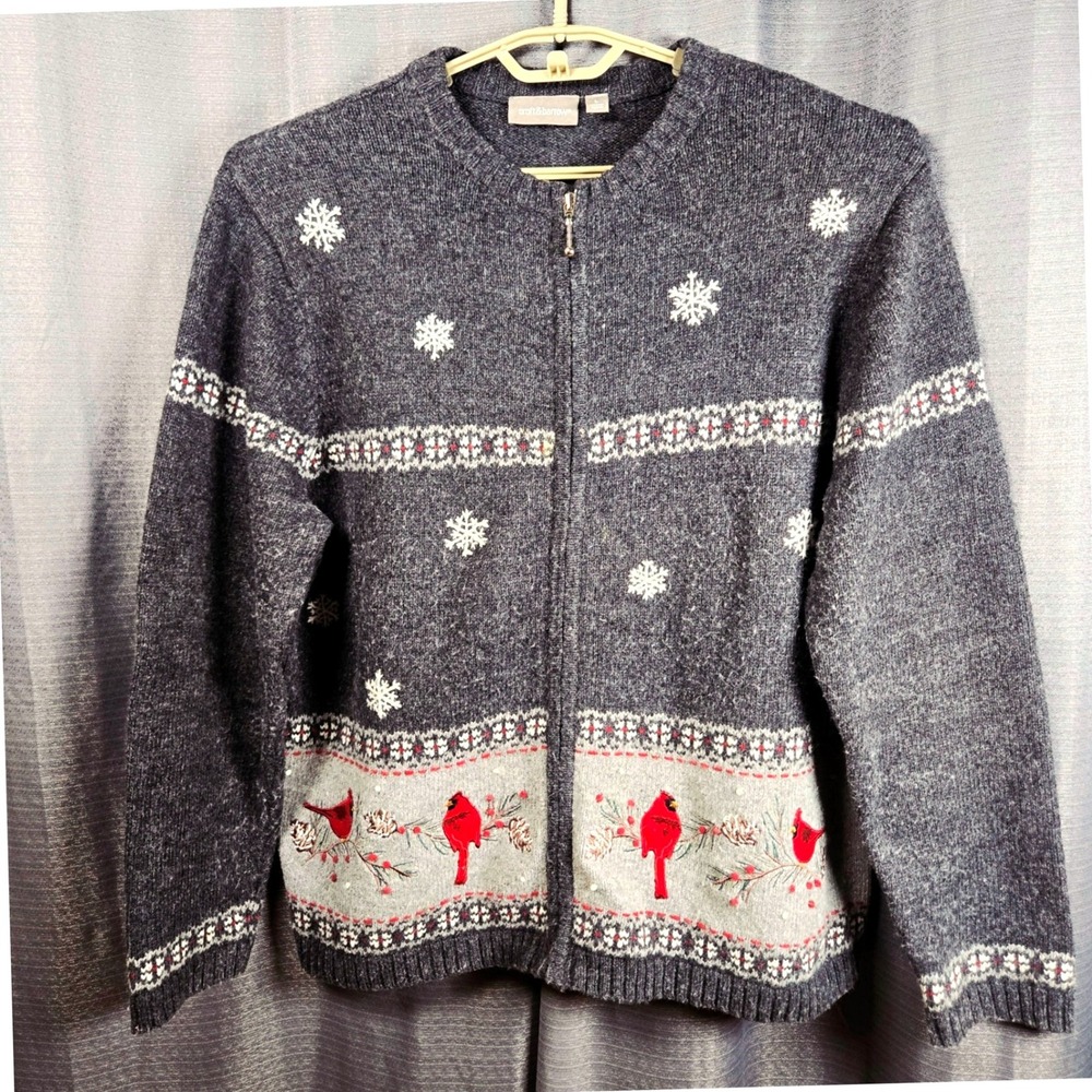 Croft & Barrow Womens Large Gray Zip Up Cardinal Snowflake Winter Sweater Large